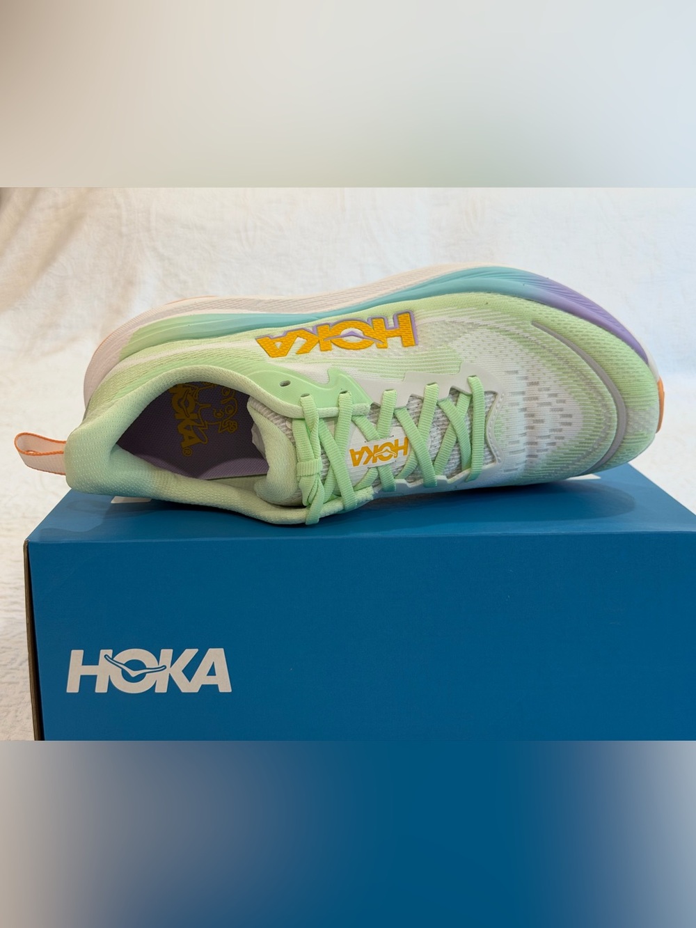 Hoka Women's Skyflow Light Green & Lavender Running Shoes with Yellow Logo - Picture 8 of 13